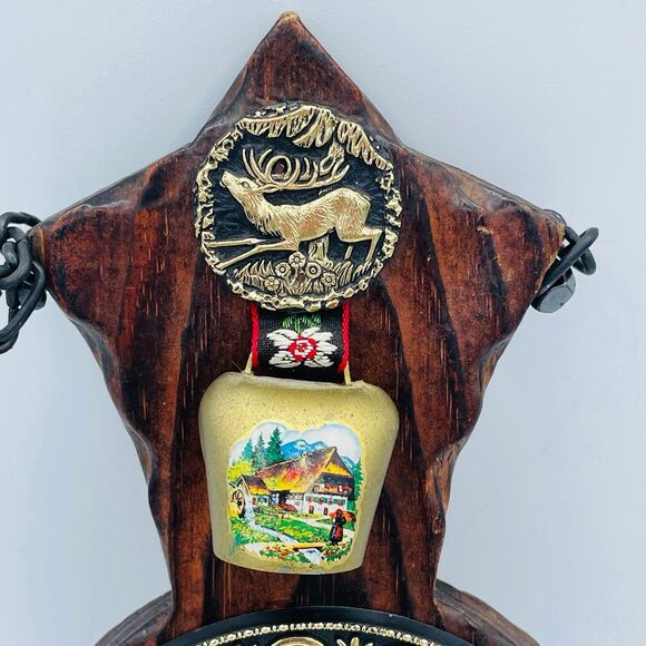 Vintage Wood Folk Art Wall Hanging Mini Kettle Bell Key Hooks Hand Painted Swiss - Picture 3 of 7